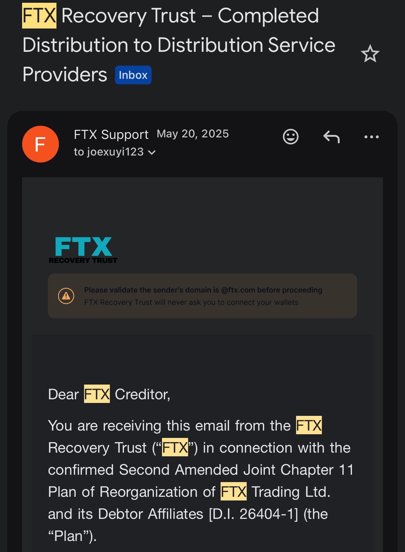 The FTX Recovery Trust email, May 20, 2025