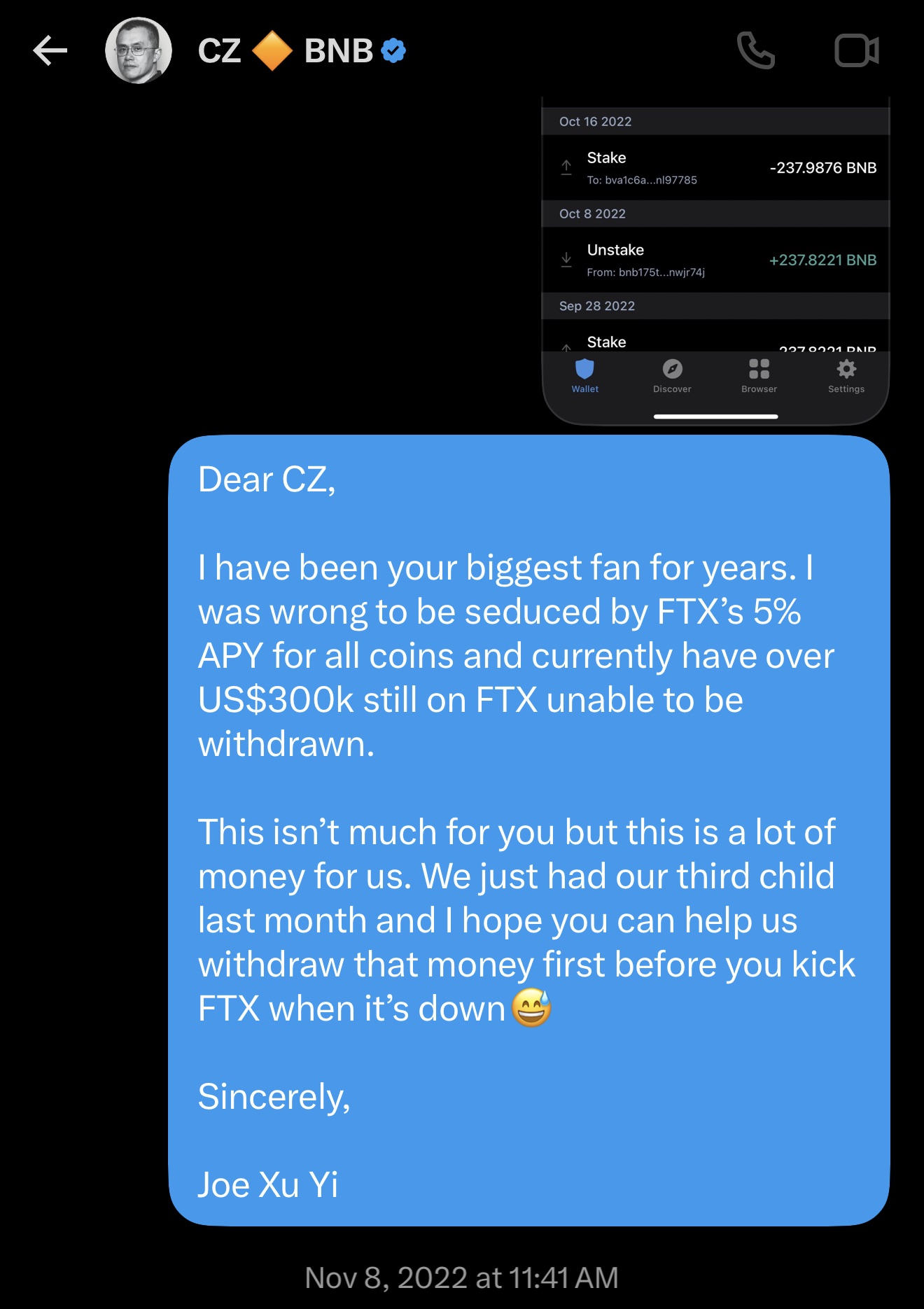 My message to CZ, November 8, 2022